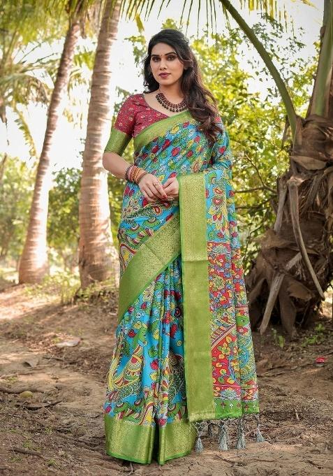 Peacock Floral Tussar Saree Set