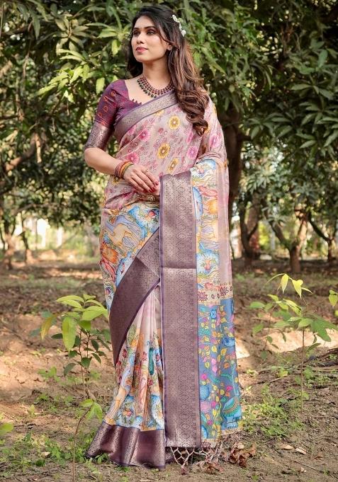 Beige Floral Tussar Saree Set