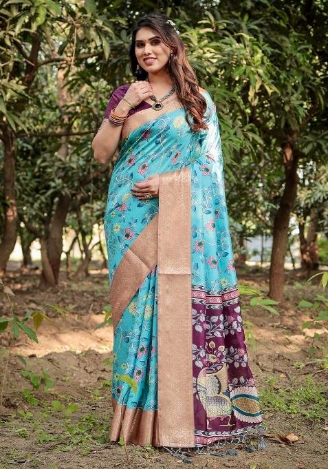 Blue Floral Tussar Saree Set