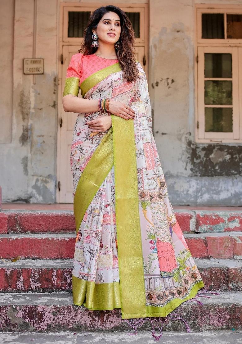 Pastel Floral Tussar Saree Set