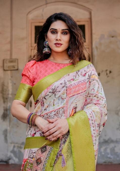 Pastel Floral Tussar Saree Set