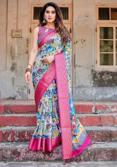 Multicolor Floral Tussar Saree Set