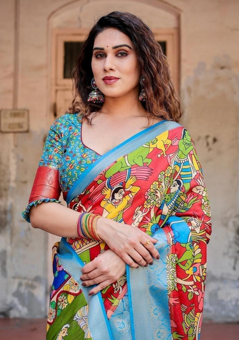 Multicolor Floral Tussar Saree Set - Indya