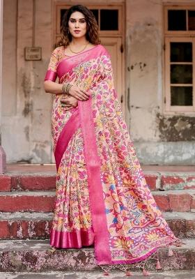 Peach Floral Tussar Saree Set