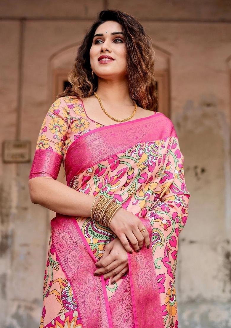 Peach Floral Tussar Saree Set - Indya