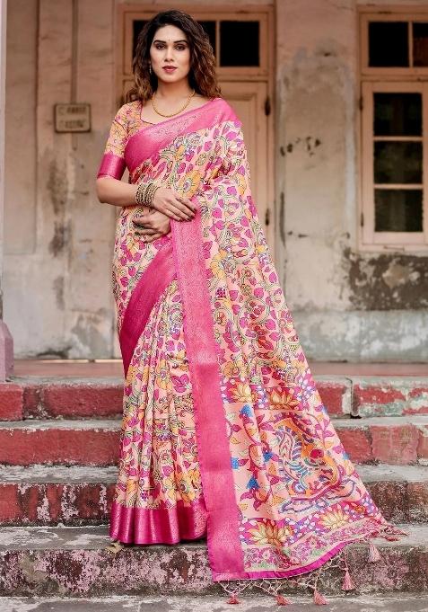 Peach Floral Tussar Saree Set
