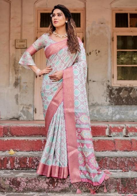 Pink Floral Tussar Saree Set