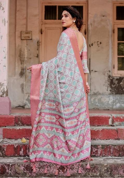 Pink Floral Tussar Saree Set