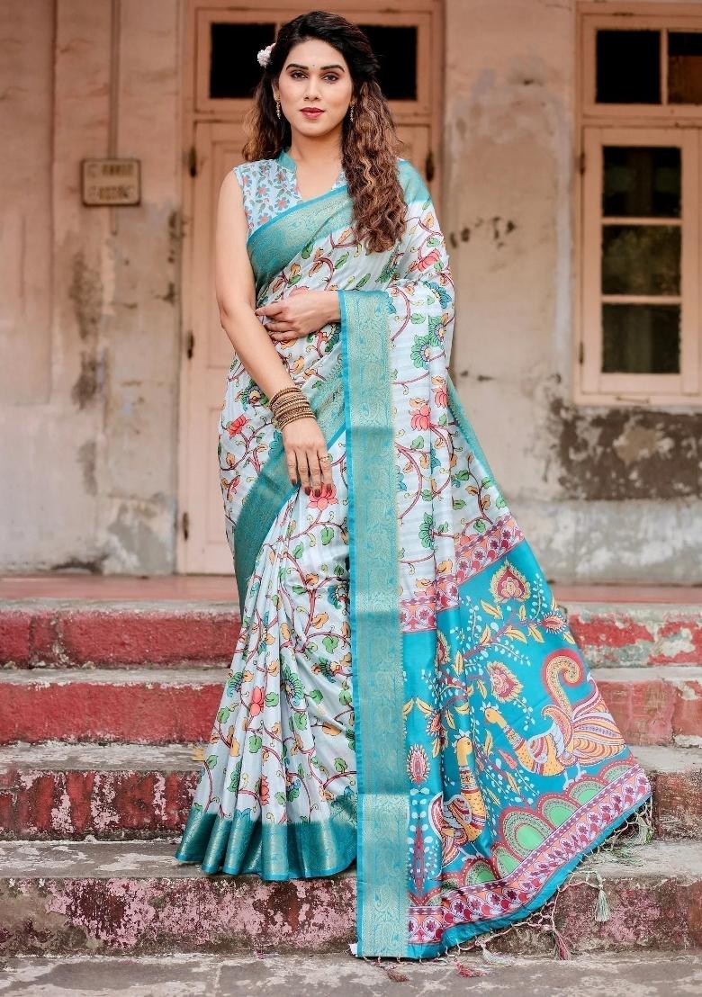 Blue Floral Tussar Saree Set - Indya