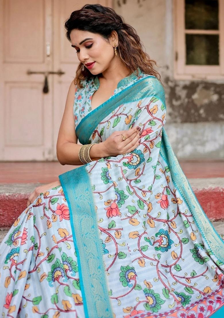 Blue Floral Tussar Saree Set - Indya