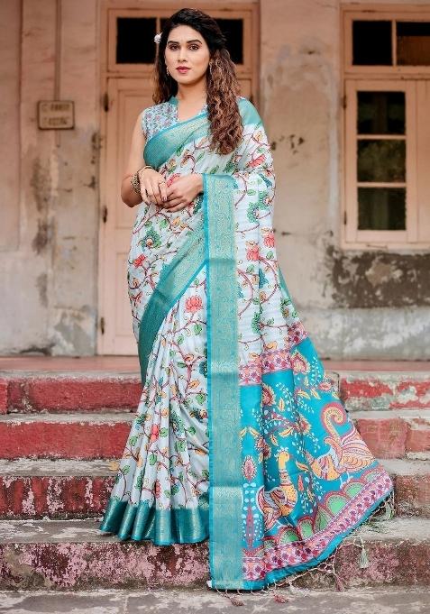 Blue Floral Tussar Saree Set