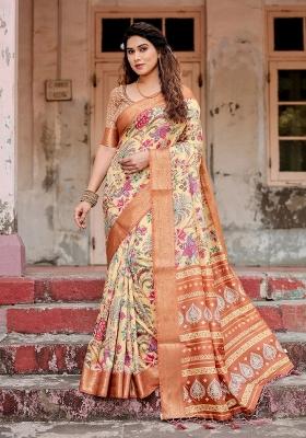 Beige Floral Tussar Saree Set