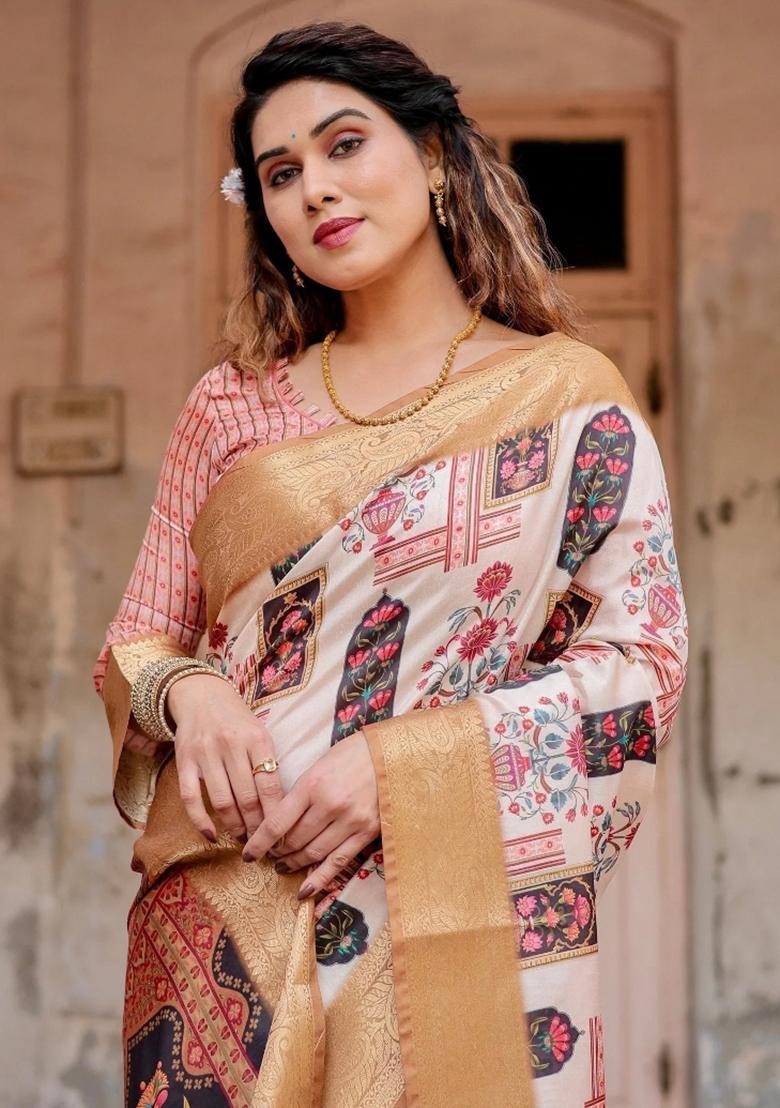 Ivory Floral Tussar Saree Set - Indya