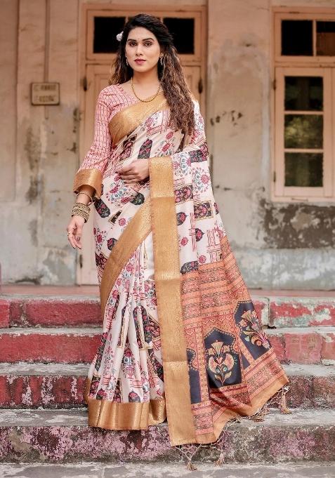 Ivory Floral Tussar Saree Set