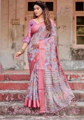 Grey Floral Tussar Saree Set