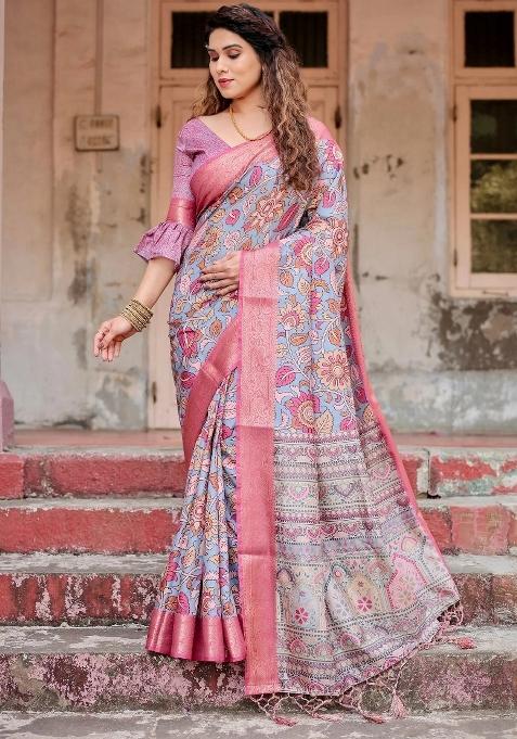 Grey Floral Tussar Saree Set