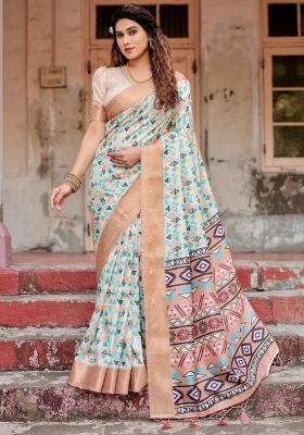 Beige Floral Tussar Saree Set