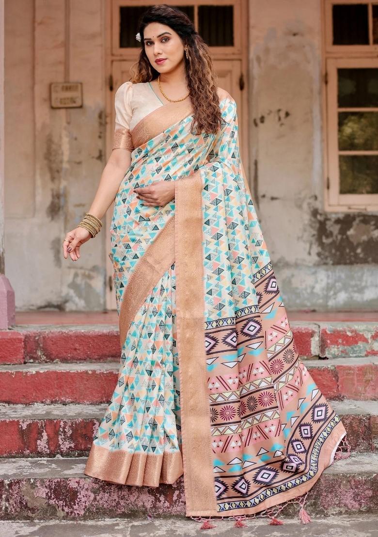 Beige Floral Tussar Saree Set