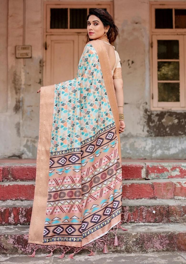 Beige Floral Tussar Saree Set