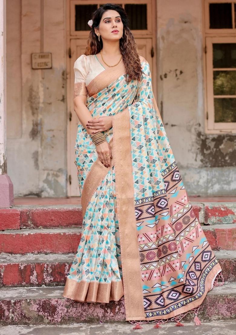 Beige Floral Tussar Saree Set