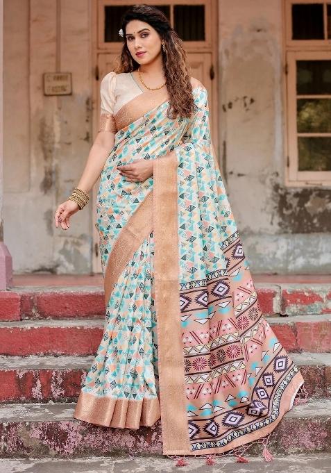 Beige Floral Tussar Saree Set