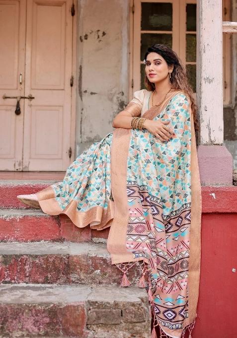 Beige Floral Tussar Saree Set