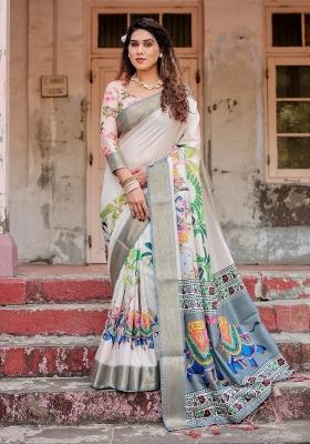 Ivory Floral Tussar Saree Set