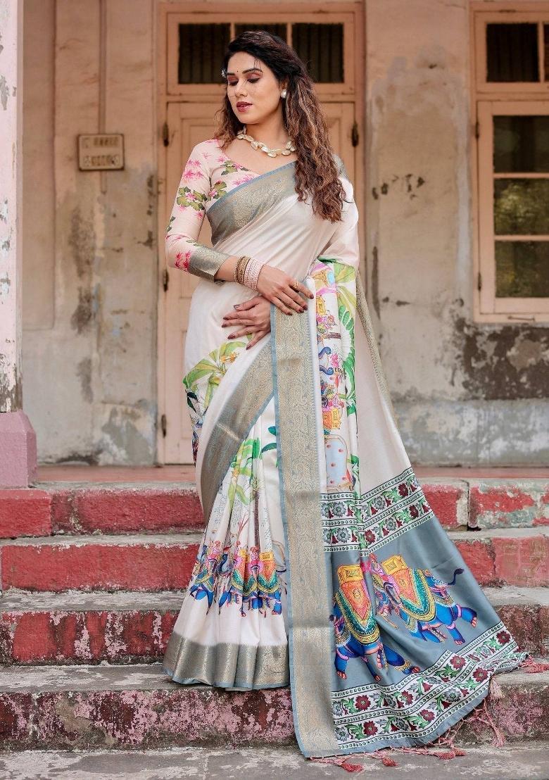 Ivory Floral Tussar Saree Set - Indya