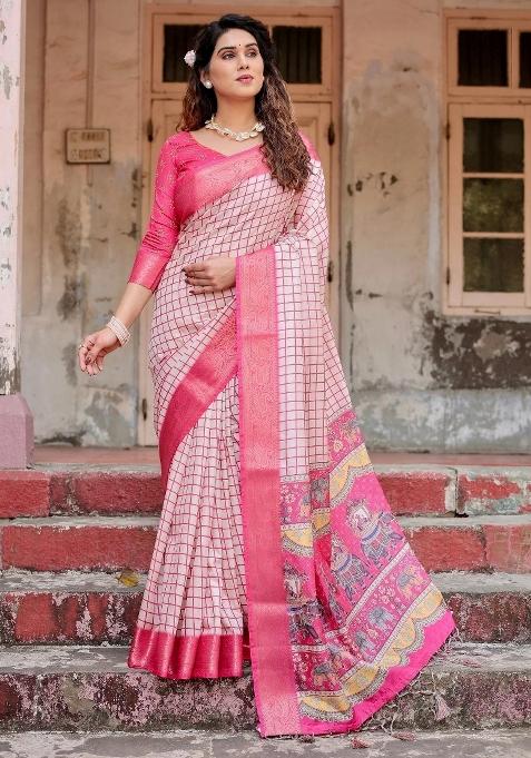 Pink Floral Tussar Saree Set