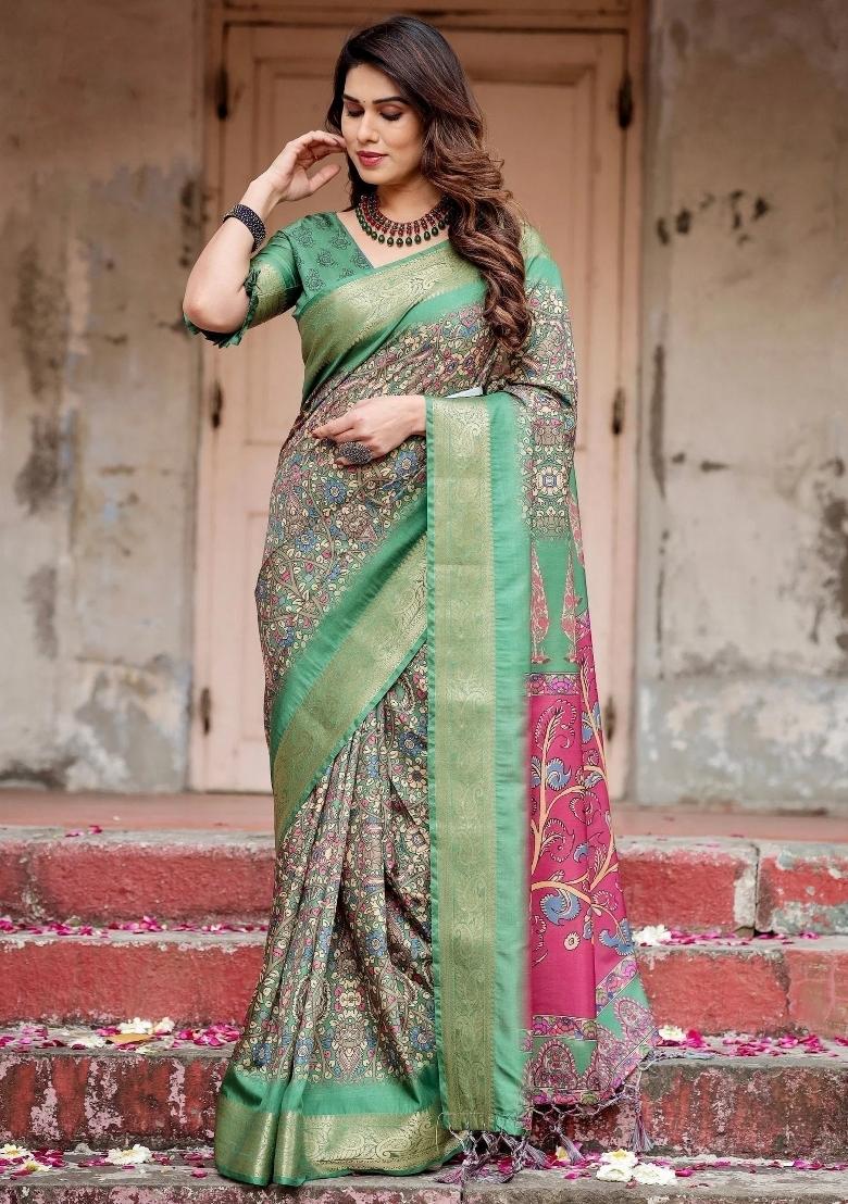 Green Floral Tussar Saree Set