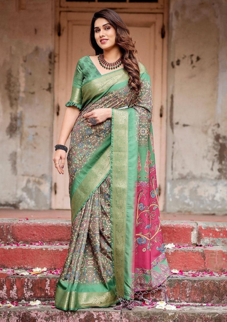 Green Floral Tussar Saree Set