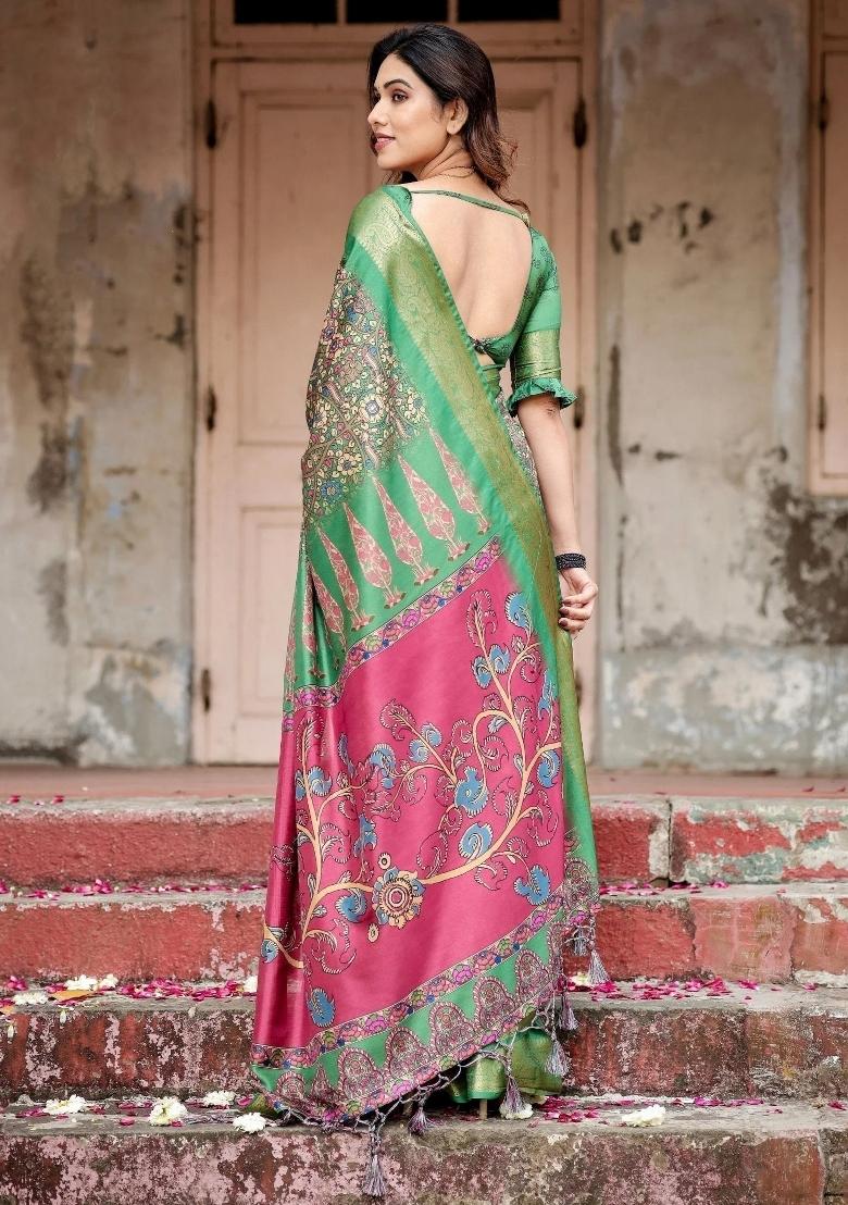 Green Floral Tussar Saree Set