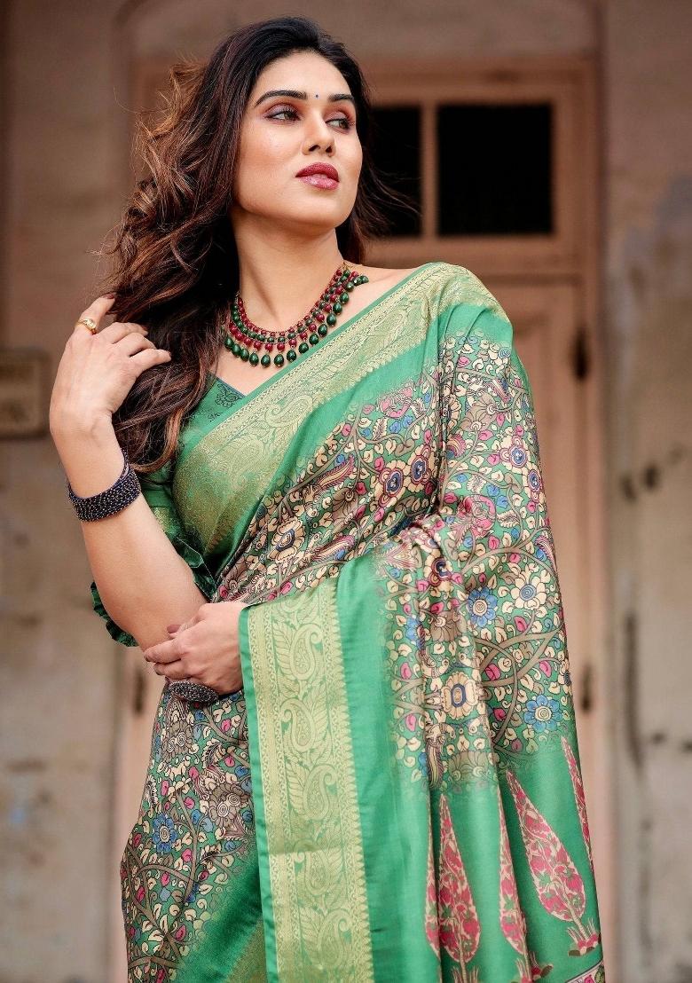 Green Floral Tussar Saree Set