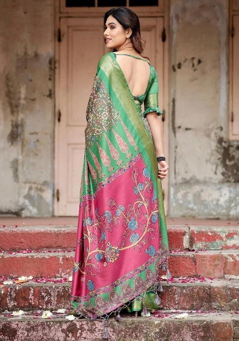 Green Floral Tussar Saree Set
