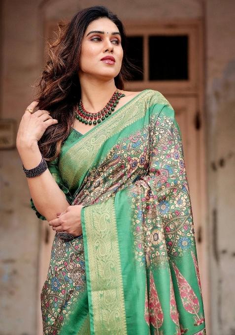 Green Floral Tussar Saree Set