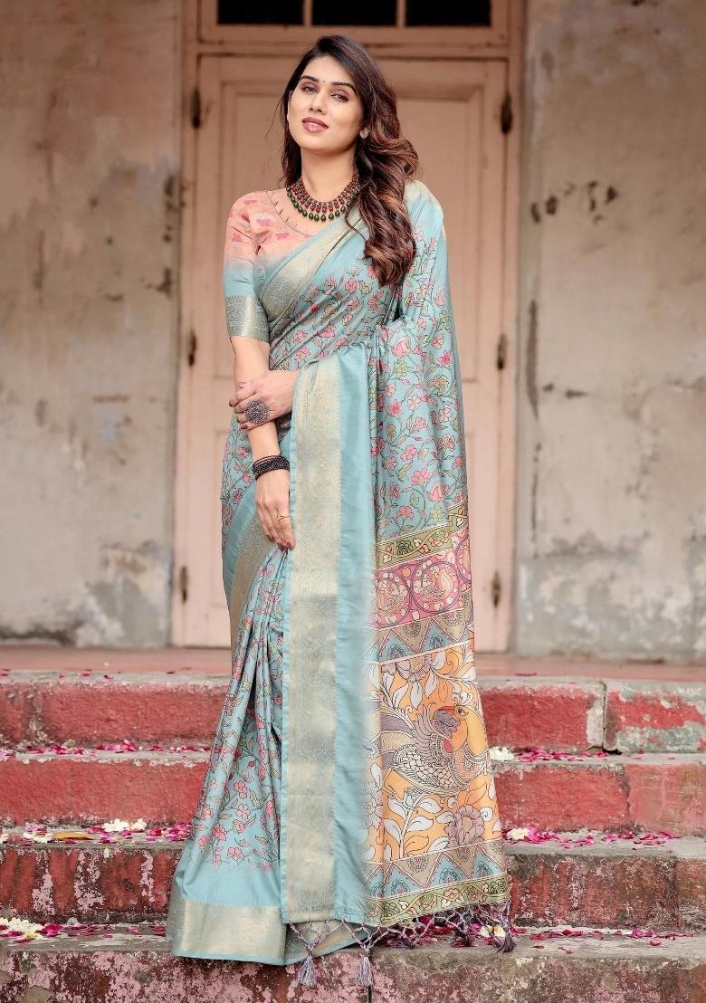 Blue Floral Tussar Saree Set - Indya