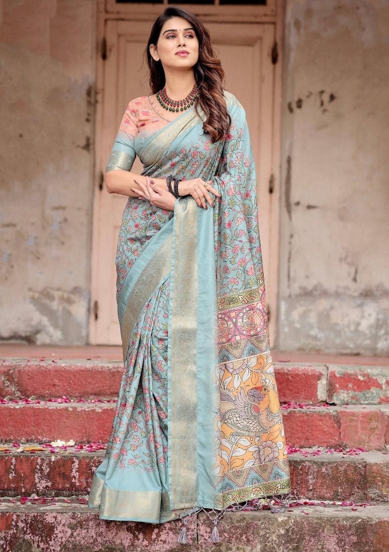 Blue Floral Tussar Saree Set - Indya