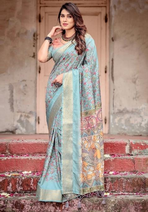 Blue Floral Tussar Saree Set