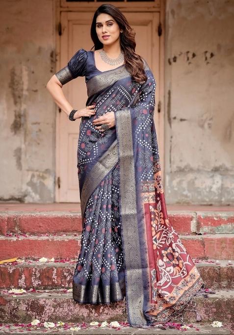 Blue Floral Tussar Saree Set