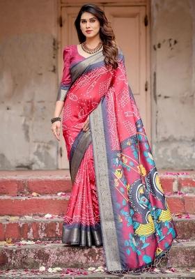 Red Floral Tussar Saree Set