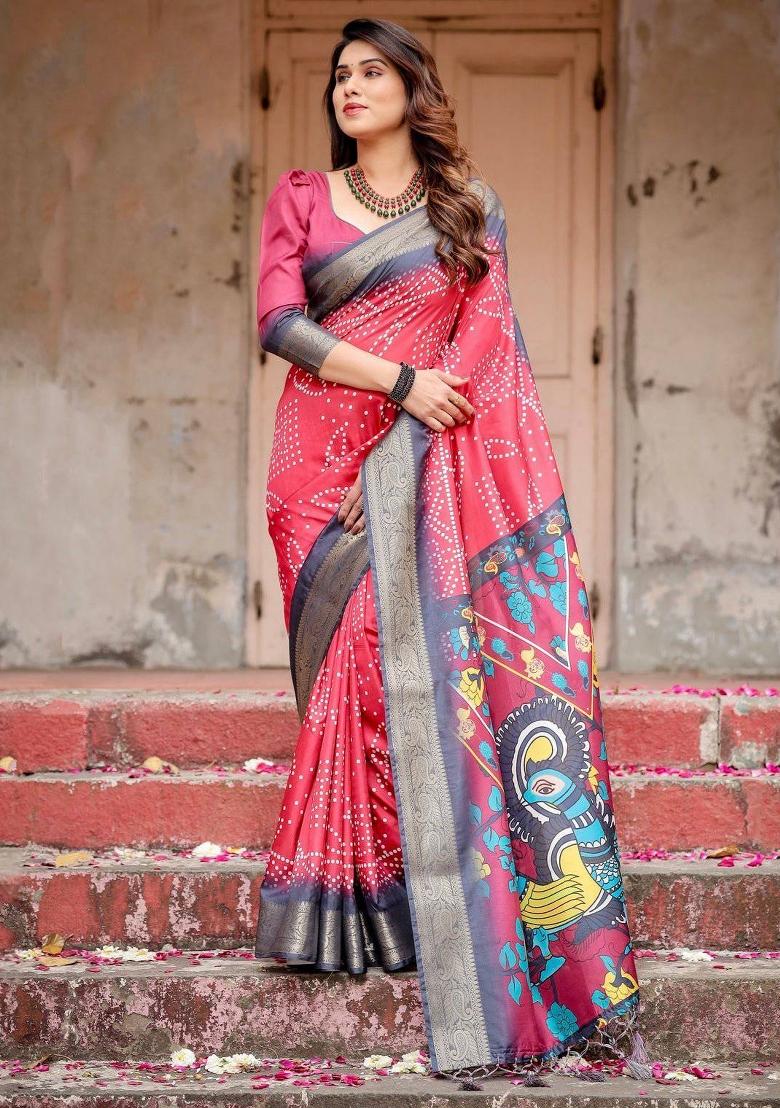 Red Floral Tussar Saree Set