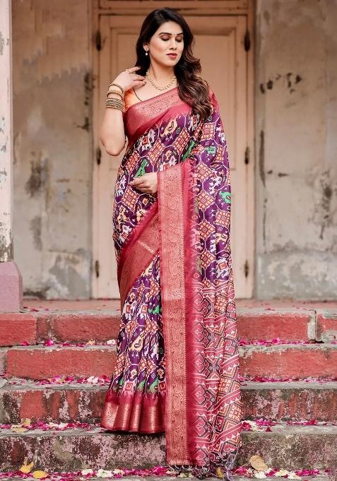 Purple Floral Tussar Saree Set
