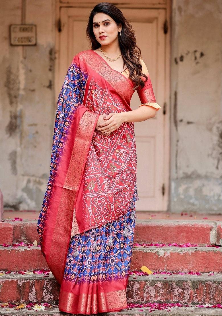 Blue Floral Tussar Saree Set - Indya