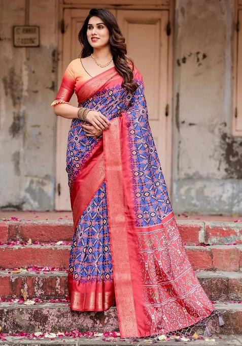 Blue Floral Tussar Saree Set
