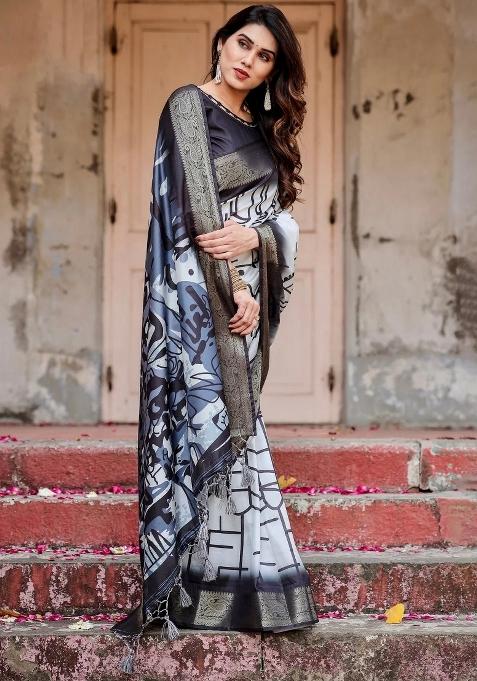 Blue Floral Tussar Saree Set