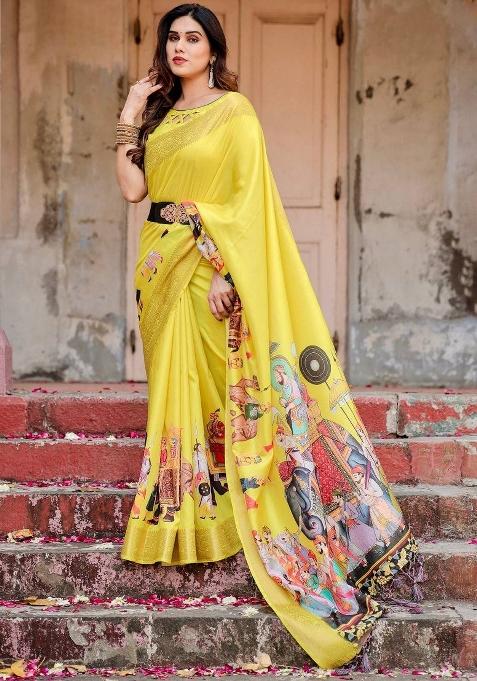 Yellow Floral Tussar Saree Set