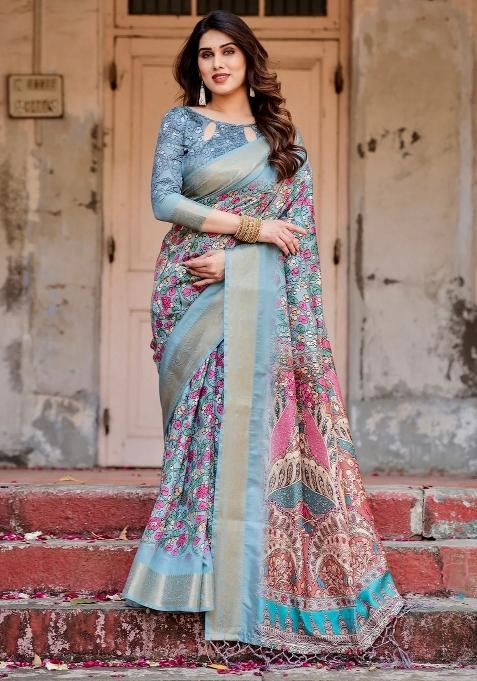 Blue Floral Tussar Saree Set