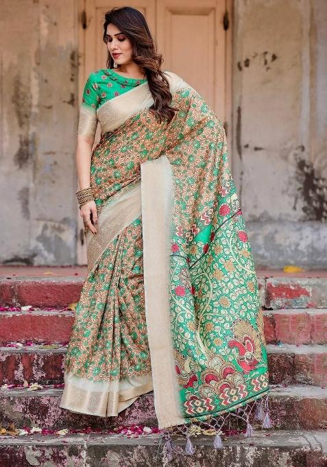 Green Floral Tussar Saree Set