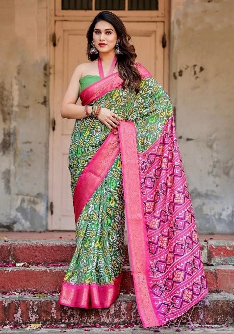 Green Floral Tussar Saree Set