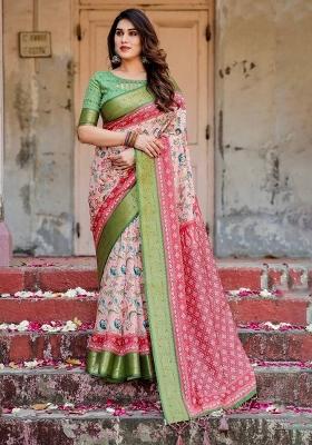 Pink Floral Tussar Saree Set